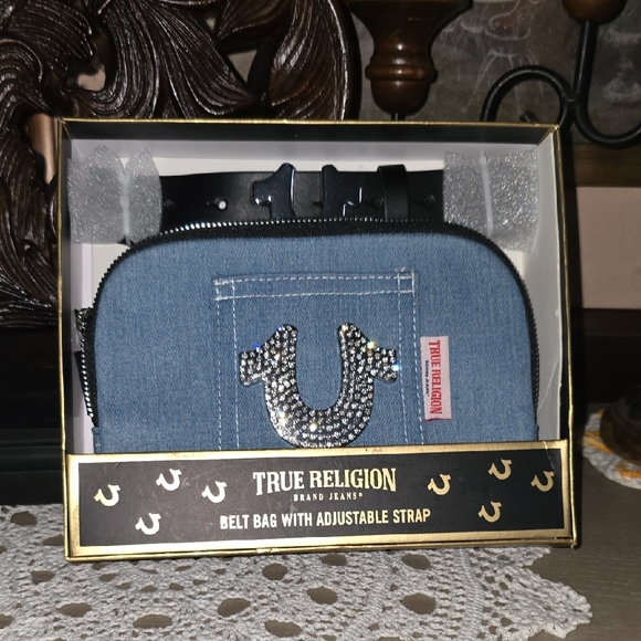True Religion Handbags - True Religion Denim Belt Bag with Rhinestone Horseshoe - Light Blue